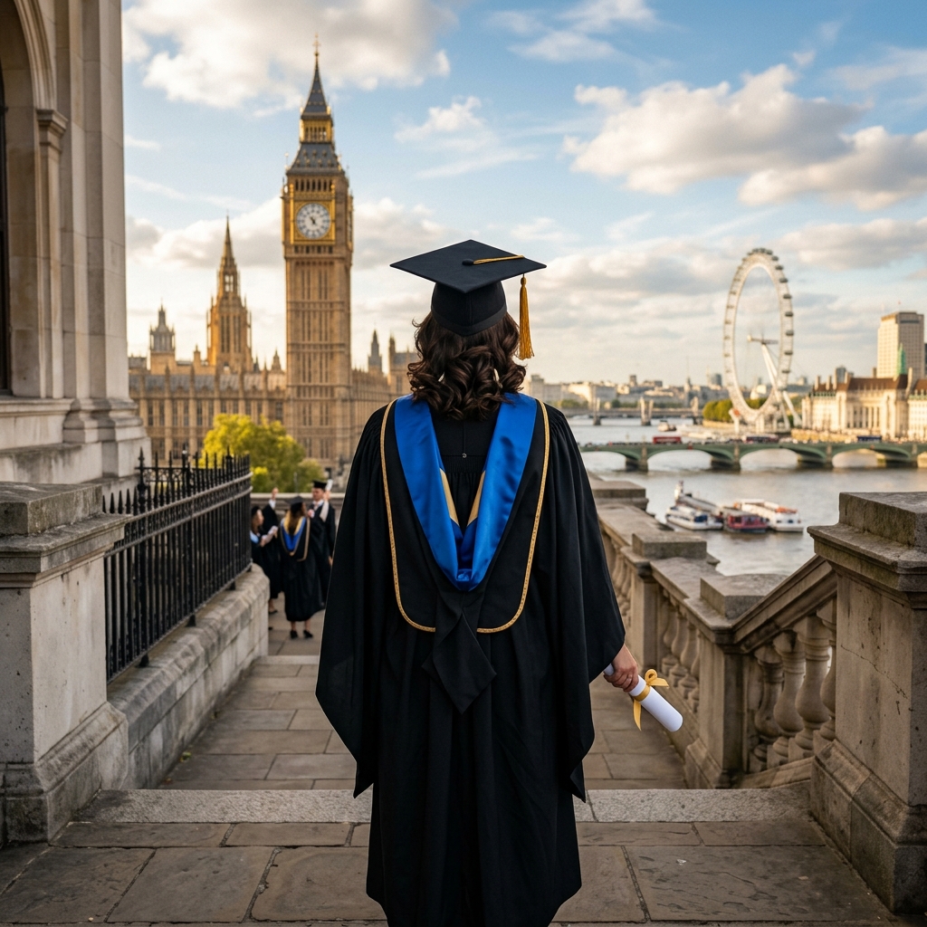 Graduate seen from behind looking out at London landmarks
